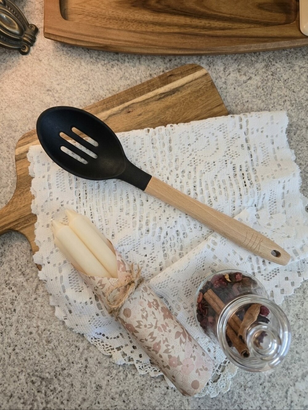 ​Rae Dunn "STIR" Slotted Spoon • Wood Handle & Black Silicone • Farmhouse